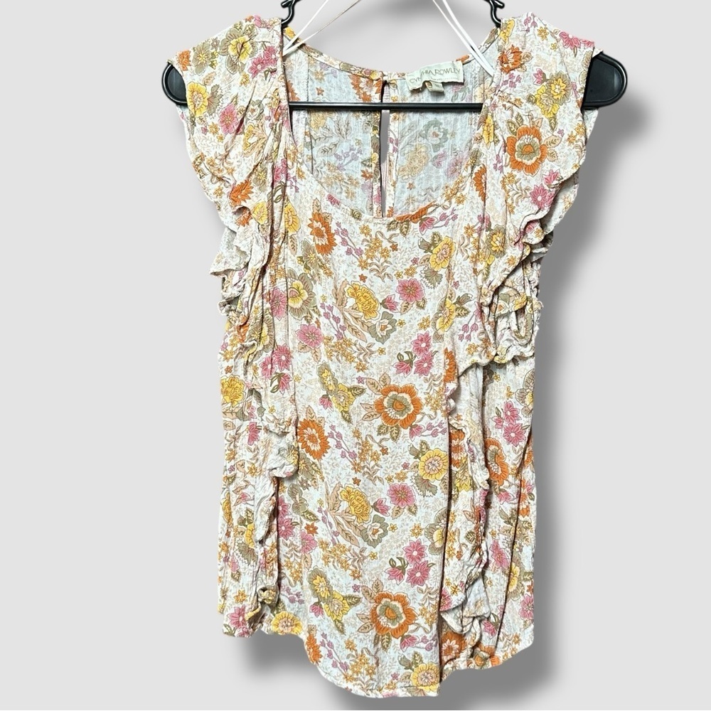 Cynthia Rowley Floral Flutter Sleeve Blouse Medium Cream Orange Pink Boho